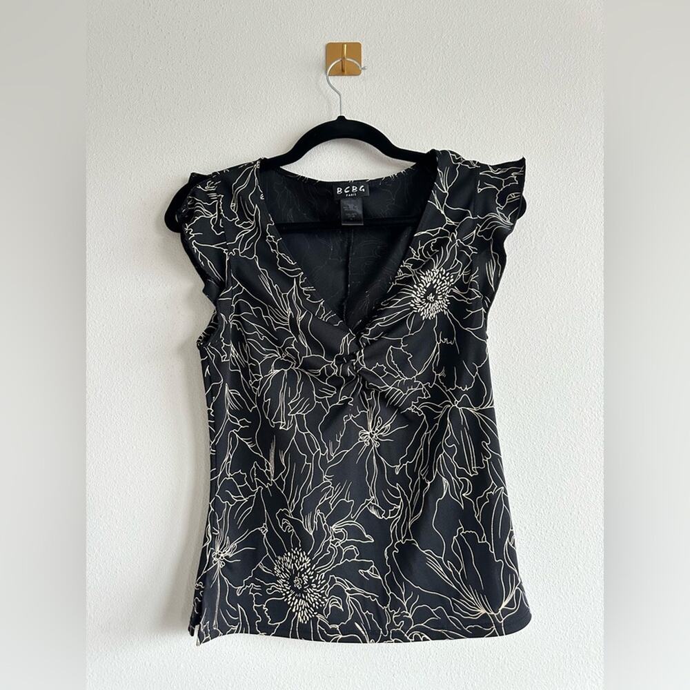 Vintage Y2K BCBG Floral Print Top Black Sleeveless V-Neck Split Sleeve – Size L